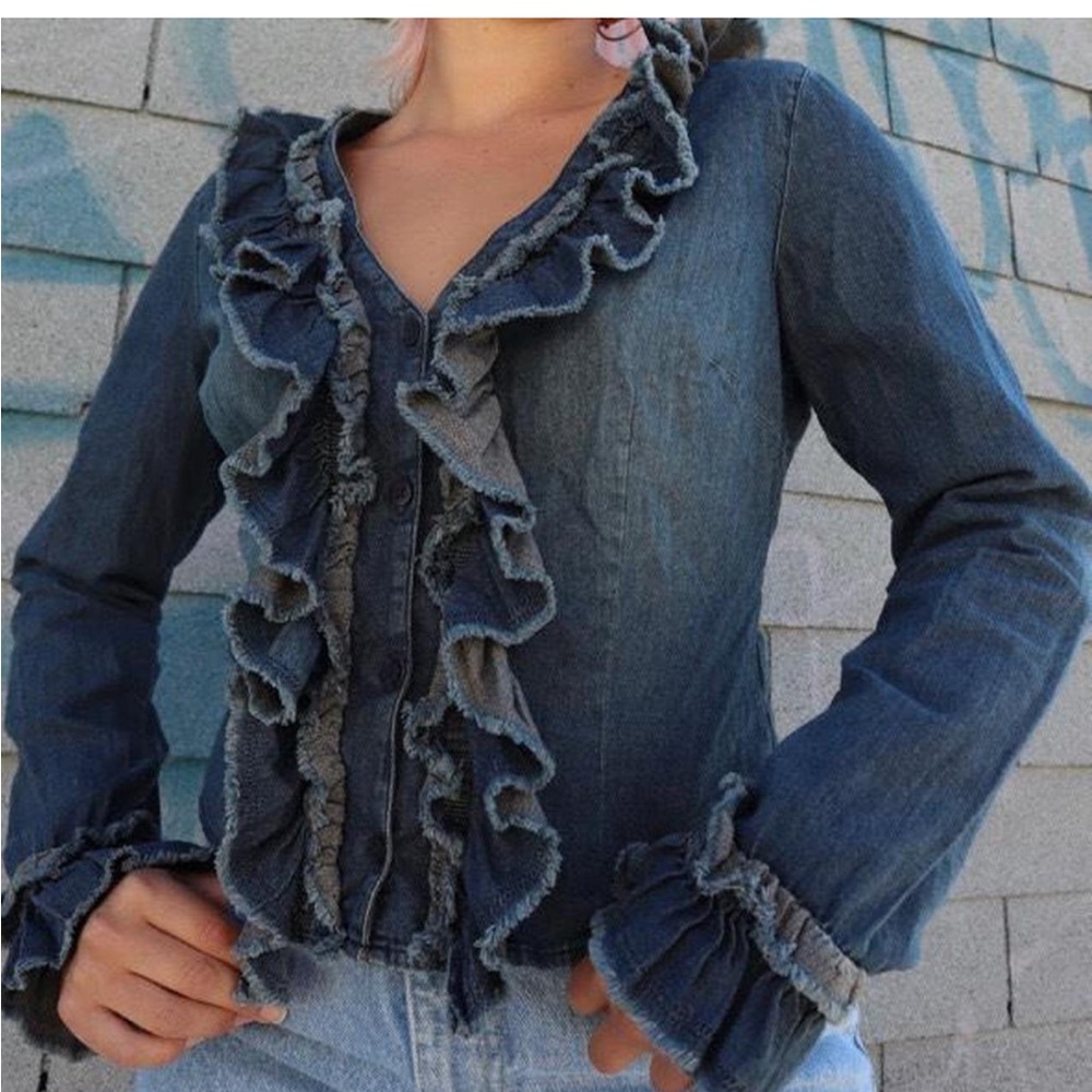 Moschino Jeans - Chambray Ruffled Button Up Blouse